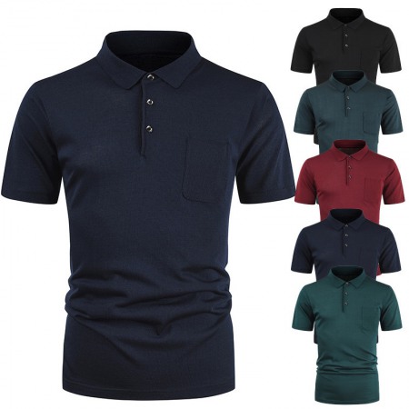 Men's Pullover T-Shirt Youth Solid Color Pocket Lapel T-Shirt