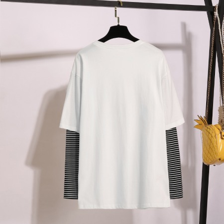 Fake Two-Piece Tops Plus Size Women's Striped Stitching Printing Long-Sleeved T-Shirt Women