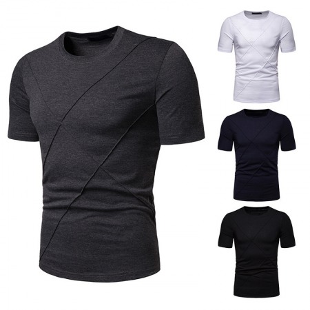 New Summer Thin High Stretch Men's Pleated Round Neck Short Sleeve T-Shirt