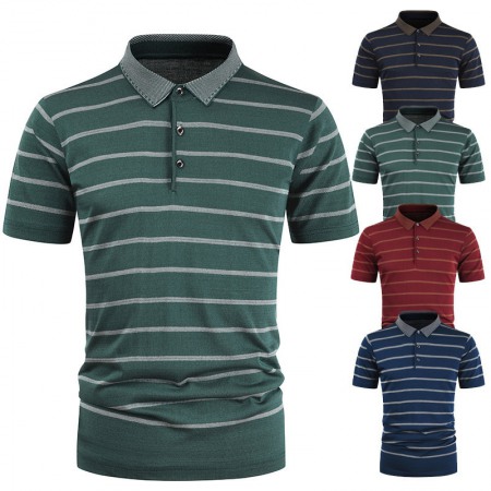 New Summer Men's Striped T-Shirt Mens Lapel Casual Short Sleeves