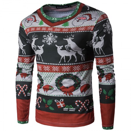 New Style 3D Personality Printing Fashion Men's Christmas Elk Pattern Long-Sleeved T-Shirt